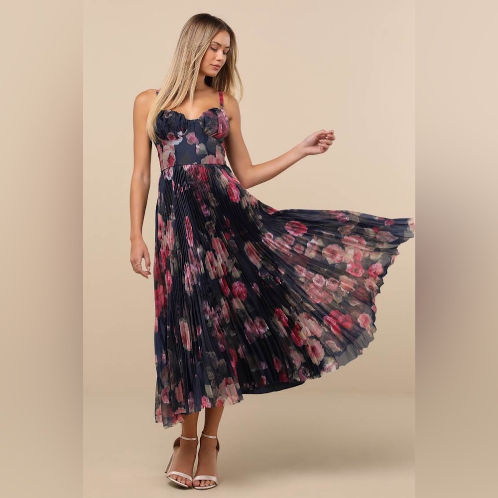 Lulu's Navy Floral Pleated Midi Dress with Pink Blooms